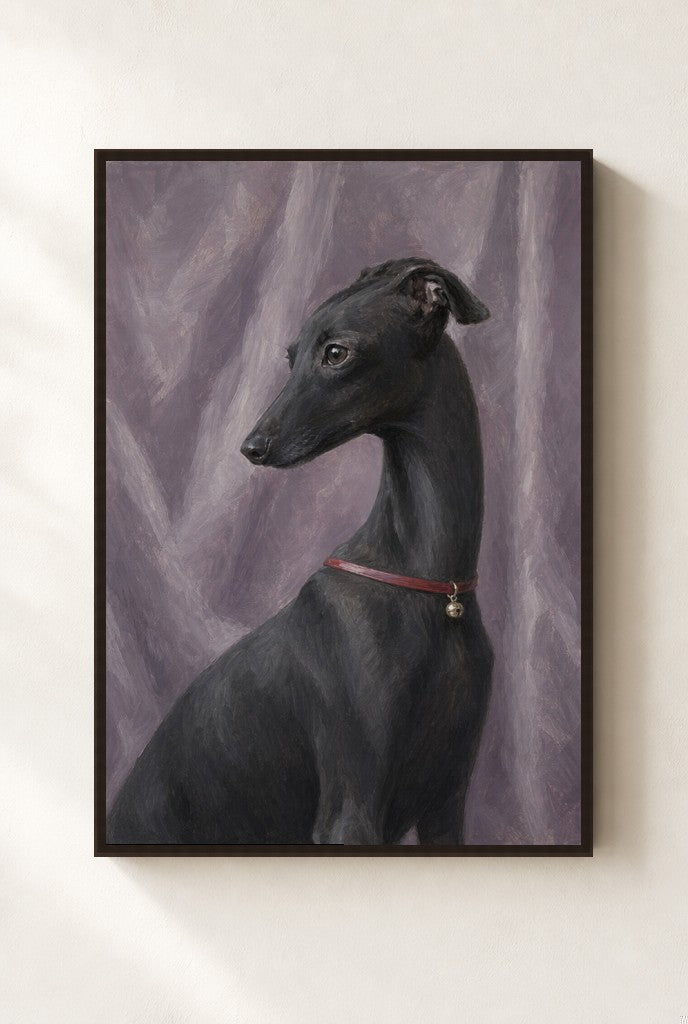 Black Greyhound, Red Collar print, mounted in a walnut wood frame on a cream wall.