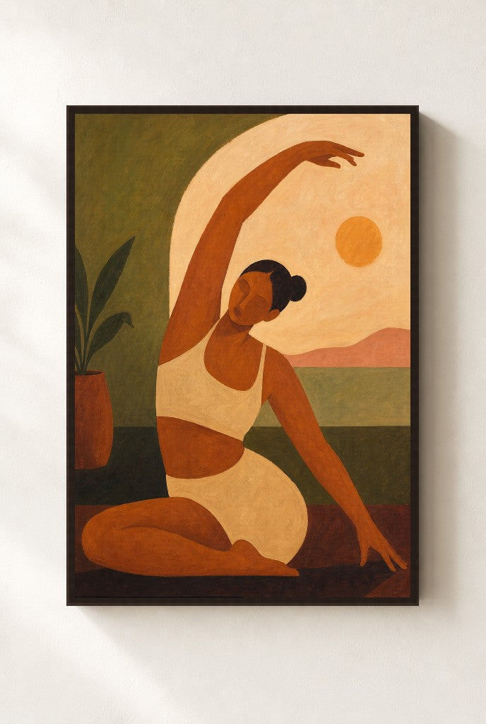 Morning Stretch, Sun Up, framed close-up, walnut