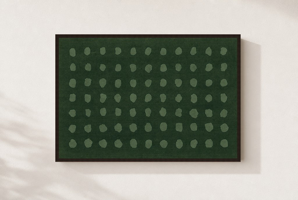 Sage Dots, Forest print, mounted in a walnut wood frame on a cream wall.