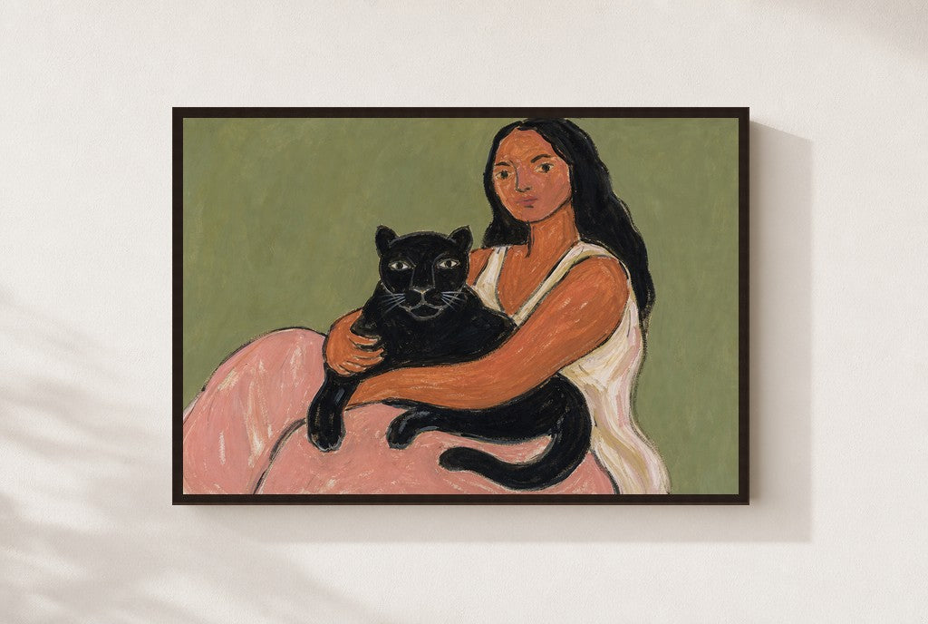Black Cat, Held, framed close-up, walnut