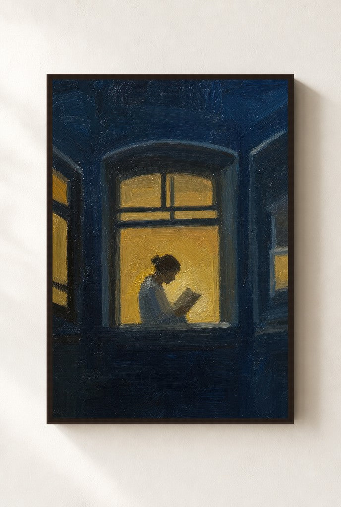 Blue Night, Reader, framed close-up, walnut