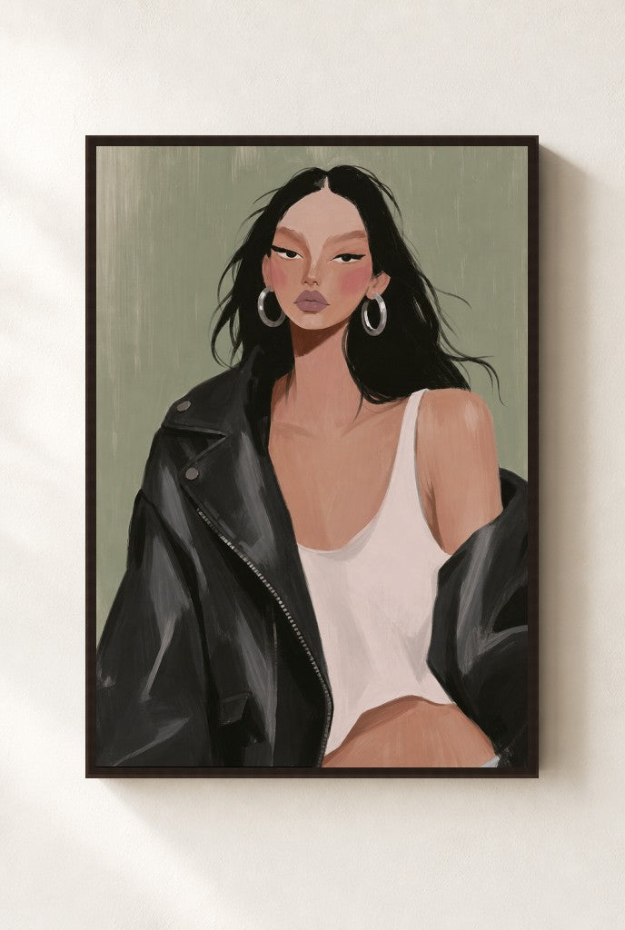 Leather Jacket, Sage print, mounted in a walnut wood frame on a cream wall.