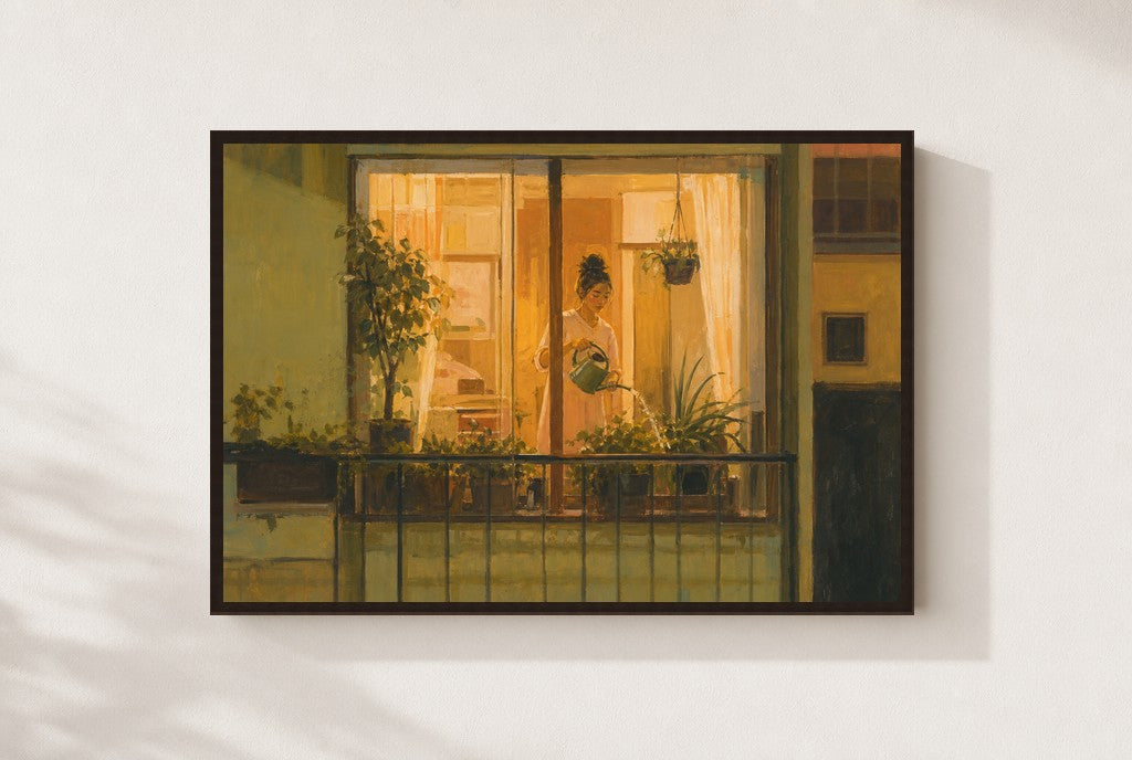 Watering at Dusk, framed close-up, walnut