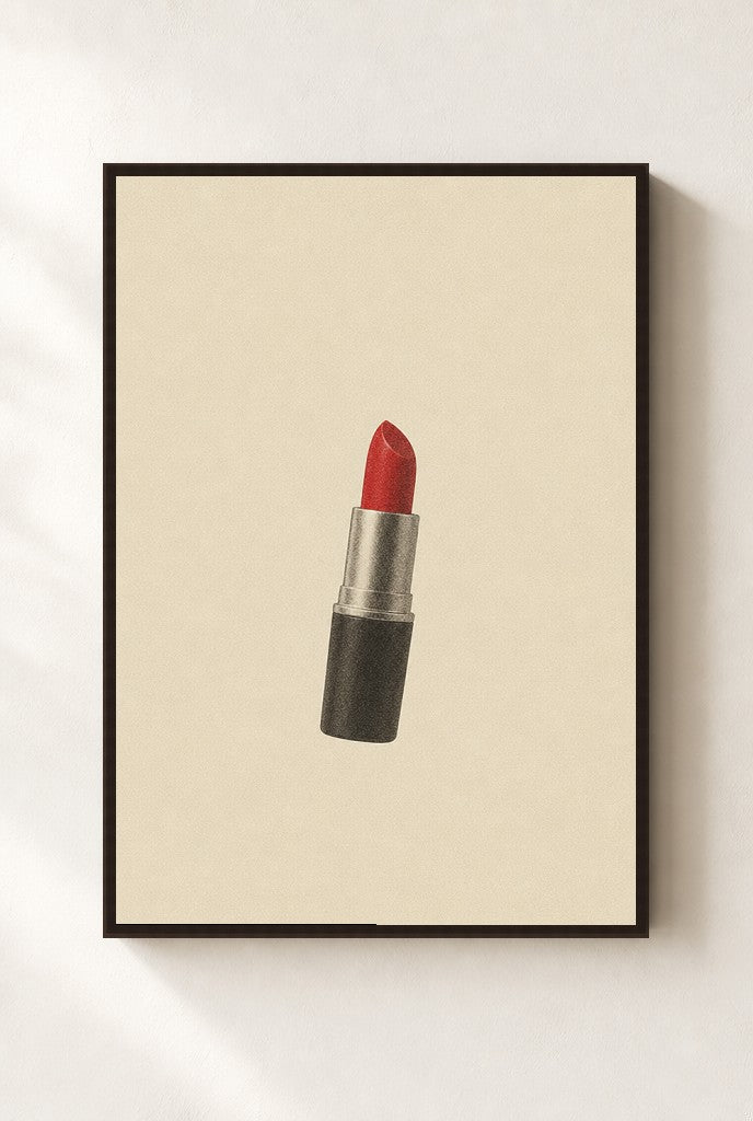 One Lipstick, Cream print, mounted in a walnut wood frame on a cream wall.