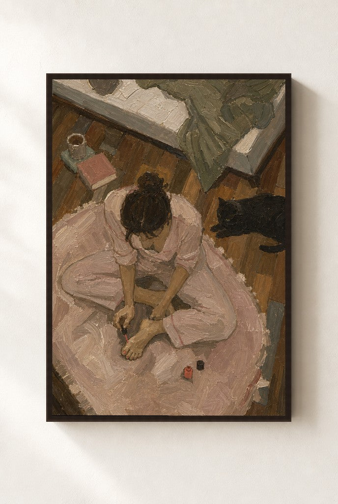 Painted Toenails, Black Cat print, mounted in a walnut wood frame on a cream wall.