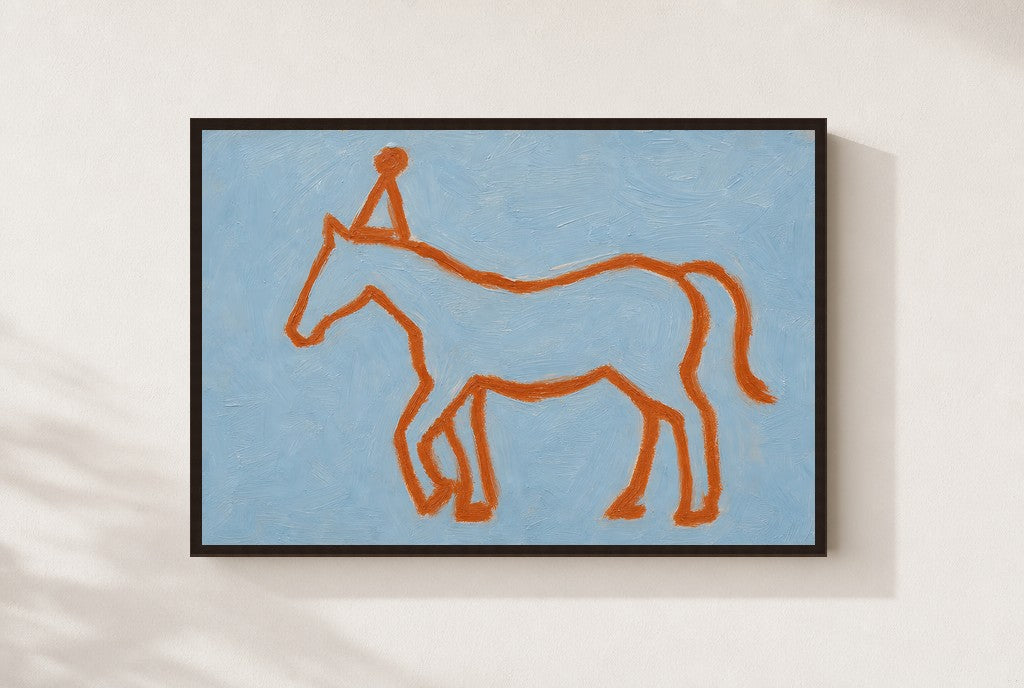 Line Horse, Party Hat, framed close-up, walnut