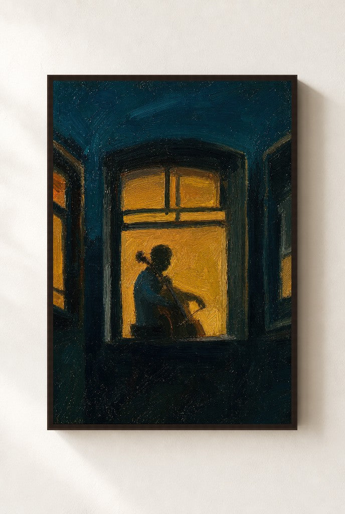 Teal Night, Cellist, framed close-up, walnut