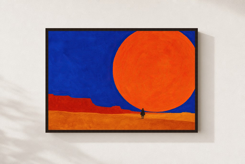 Small Rider, Big Sun, framed close-up, walnut