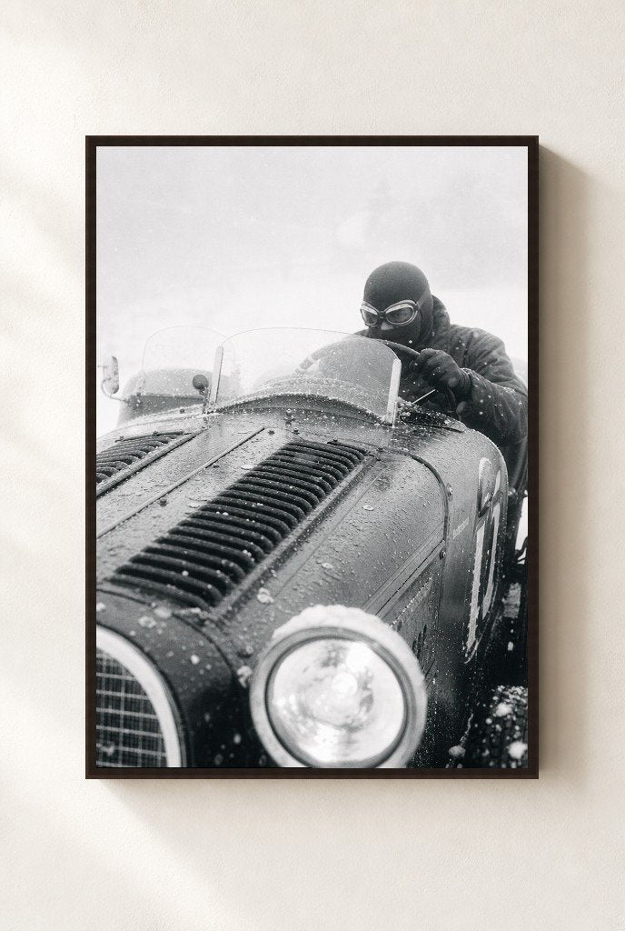 Snow Behind the Wheel, framed, walnut
