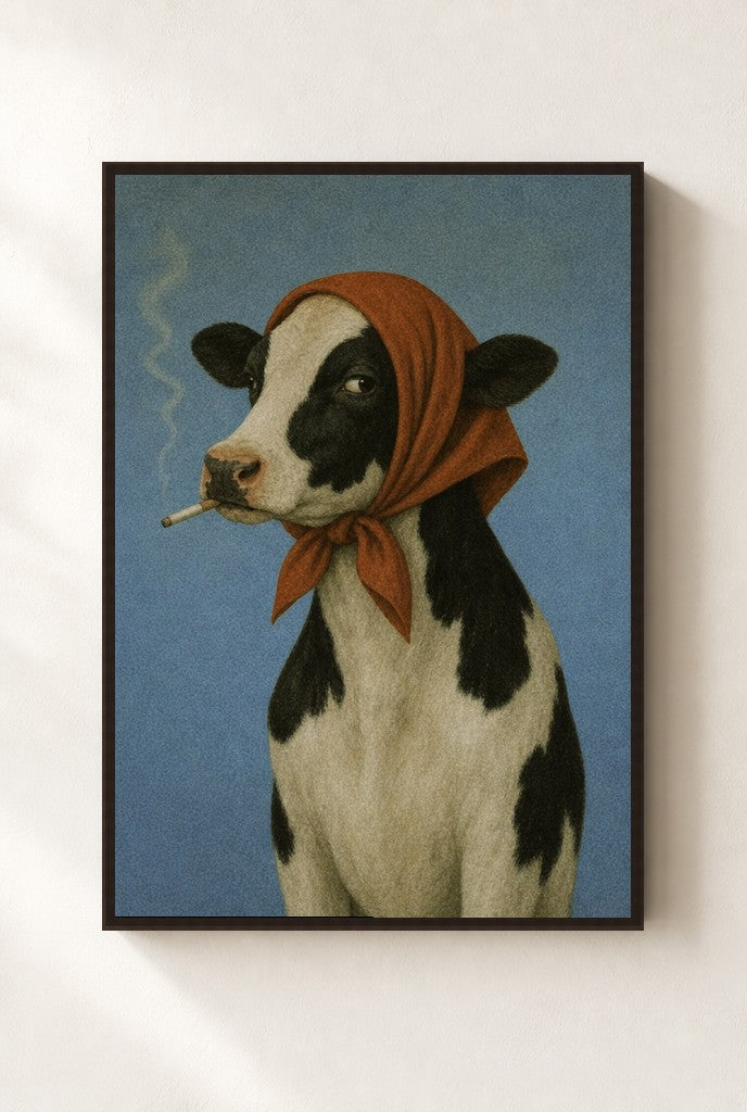Smoke Break, Headscarf print, mounted in a walnut wood frame on a cream wall.