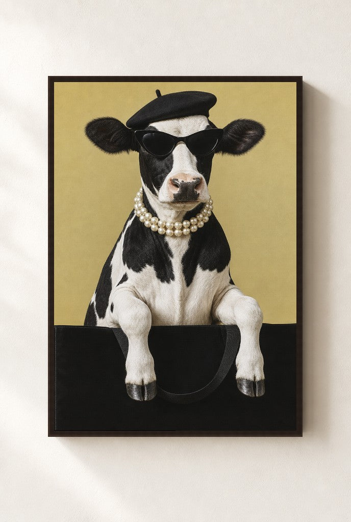 Pearls and a Beret print, mounted in a walnut wood frame on a cream wall.