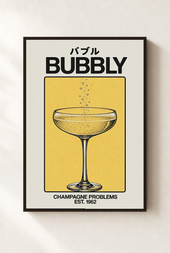 Champagne Problems print, mounted in a walnut wood frame on a cream wall.
