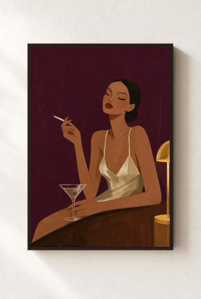 Slip Dress, Plum print, mounted in a walnut wood frame on a cream wall.