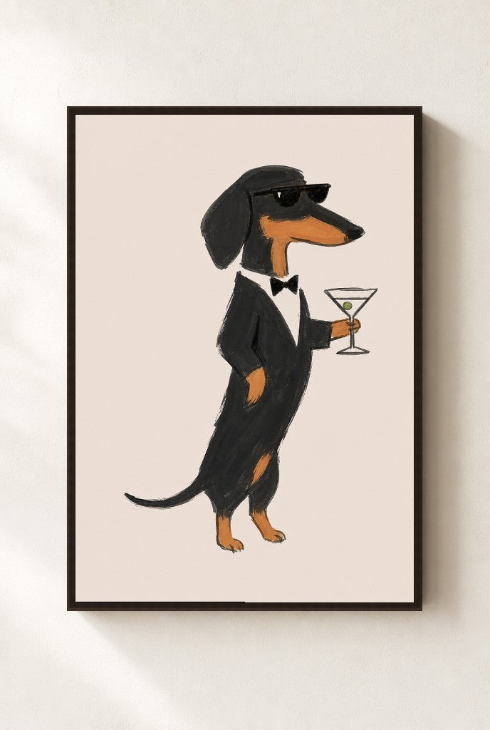 Dachshund, Martini print, mounted in a walnut wood frame on a cream wall.