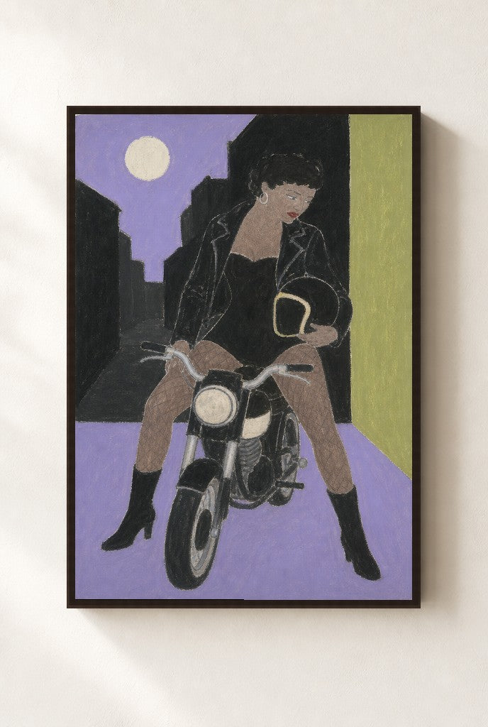 Motorcycle, Moonlit print, mounted in a walnut wood frame on a cream wall.