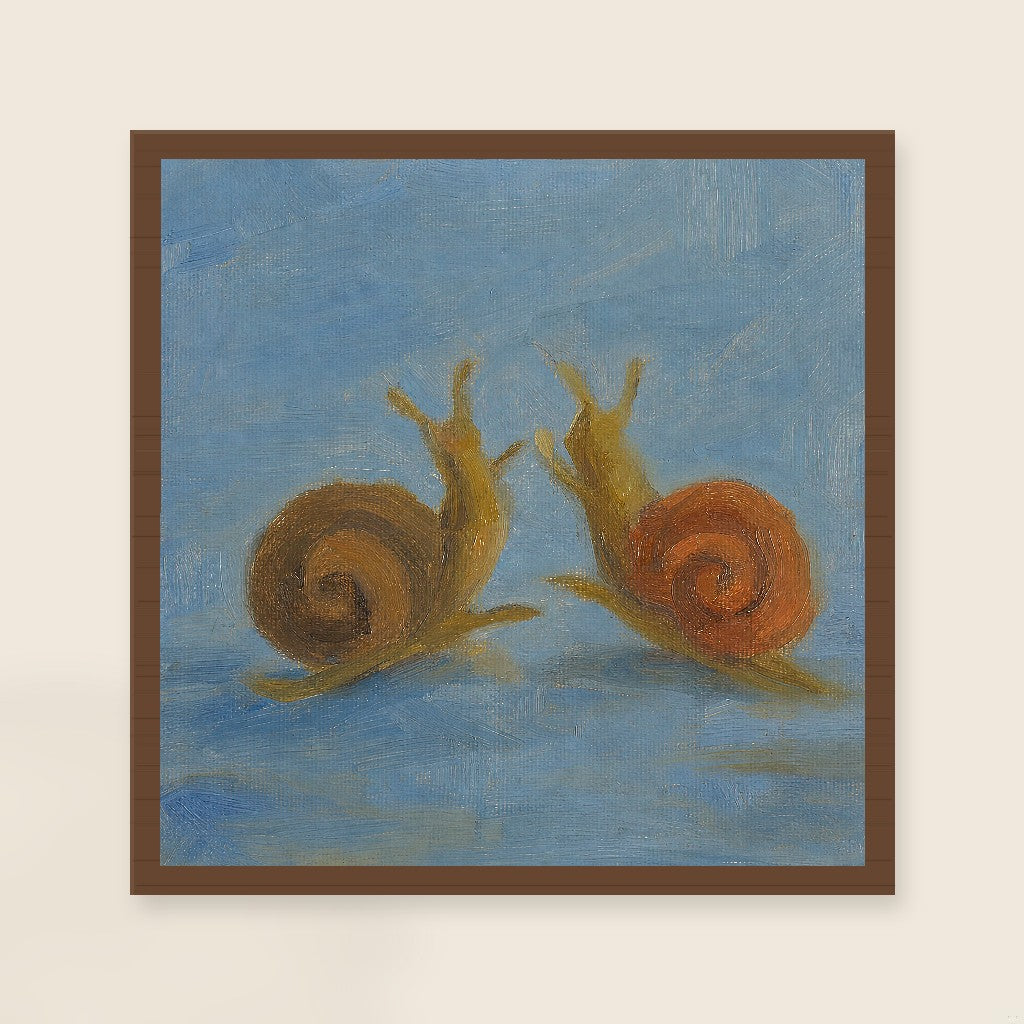 Two Snails, framed close-up, walnut