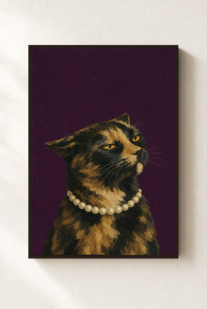 Tortoiseshell, Pearls print, mounted in a walnut wood frame on a cream wall.