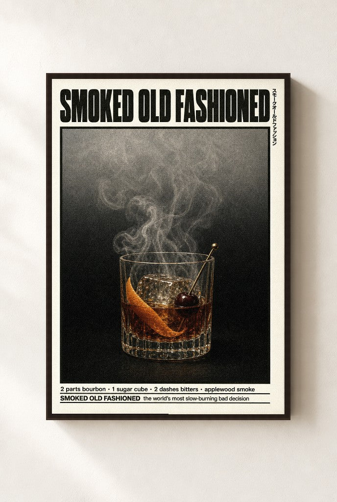 Smoked Old Fashioned print, mounted in a walnut wood frame on a cream wall.
