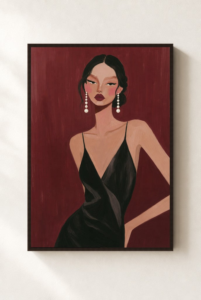 Slip Dress, Oxblood print, mounted in a walnut wood frame on a cream wall.