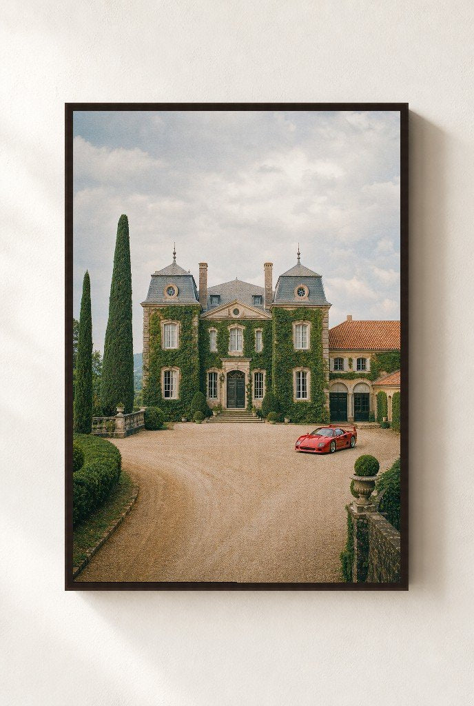 Red Car, Stone Chateau, framed, walnut