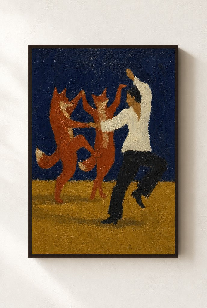 White Shirt, Red Foxes, framed close-up, walnut