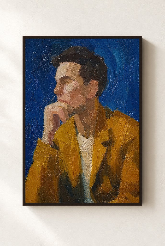 Mustard Jacket, Blue, framed close-up, walnut