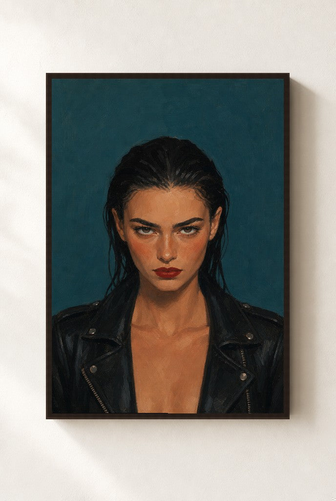 Leather Jacket, Teal print, mounted in a walnut wood frame on a cream wall.