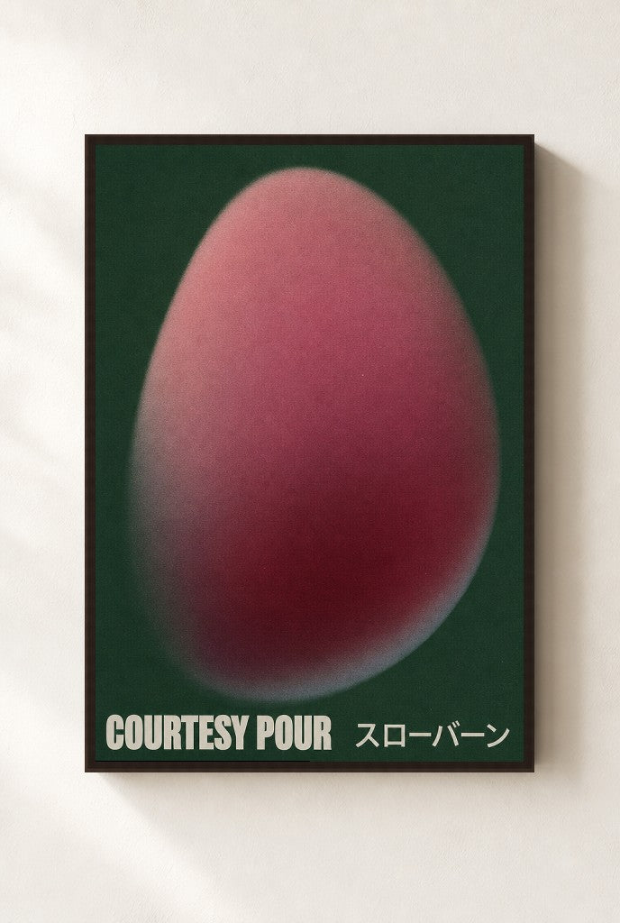 Courtesy Pour, Capsule print, mounted in a walnut wood frame on a cream wall.