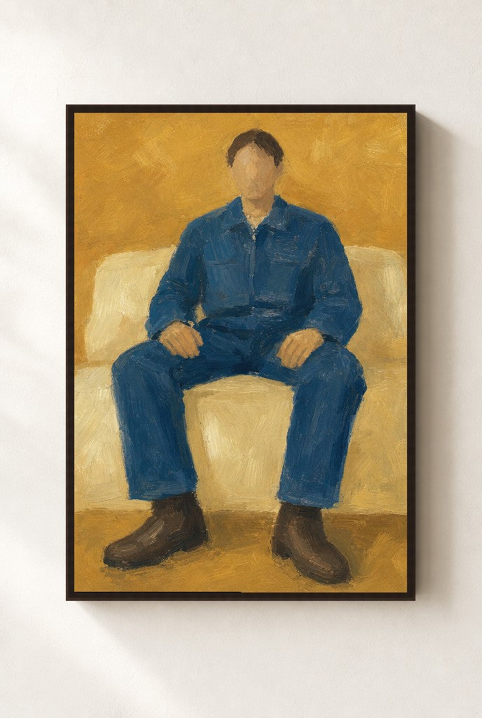 Denim Workwear, Ochre, framed close-up, walnut