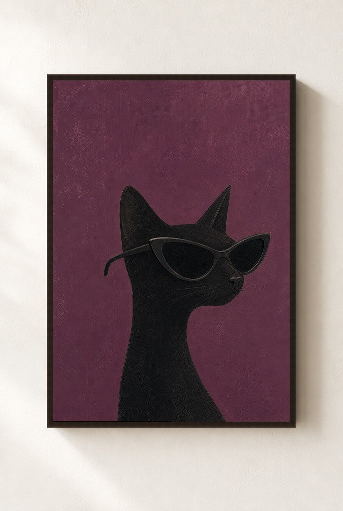 Black Cat, Cat-Eye print, mounted in a walnut wood frame on a cream wall.