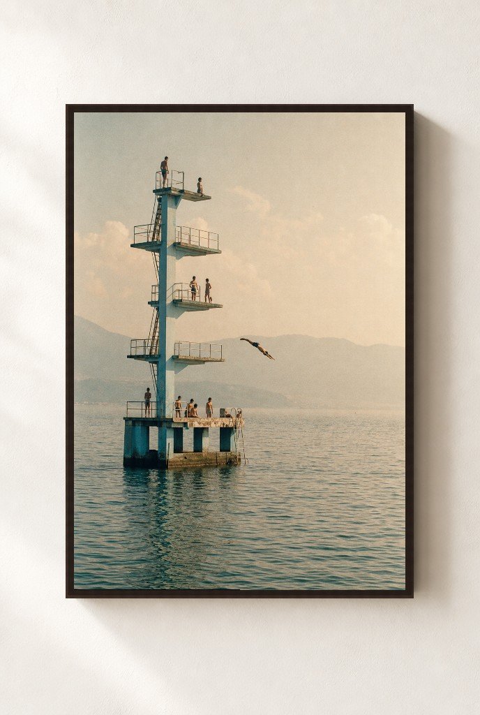High Dive Diplomacy, framed, walnut