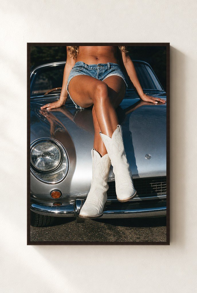Chrome and Cowboy Boots, framed, walnut