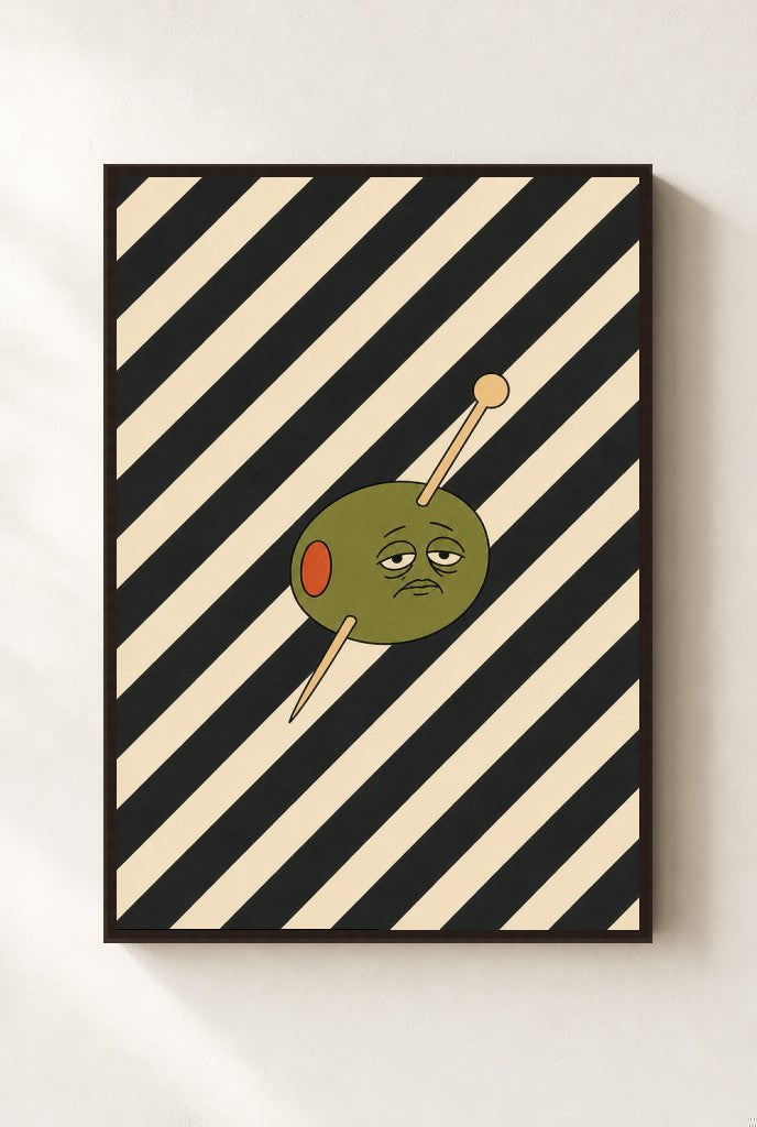 Olive on Stripes print, mounted in a walnut wood frame on a cream wall.