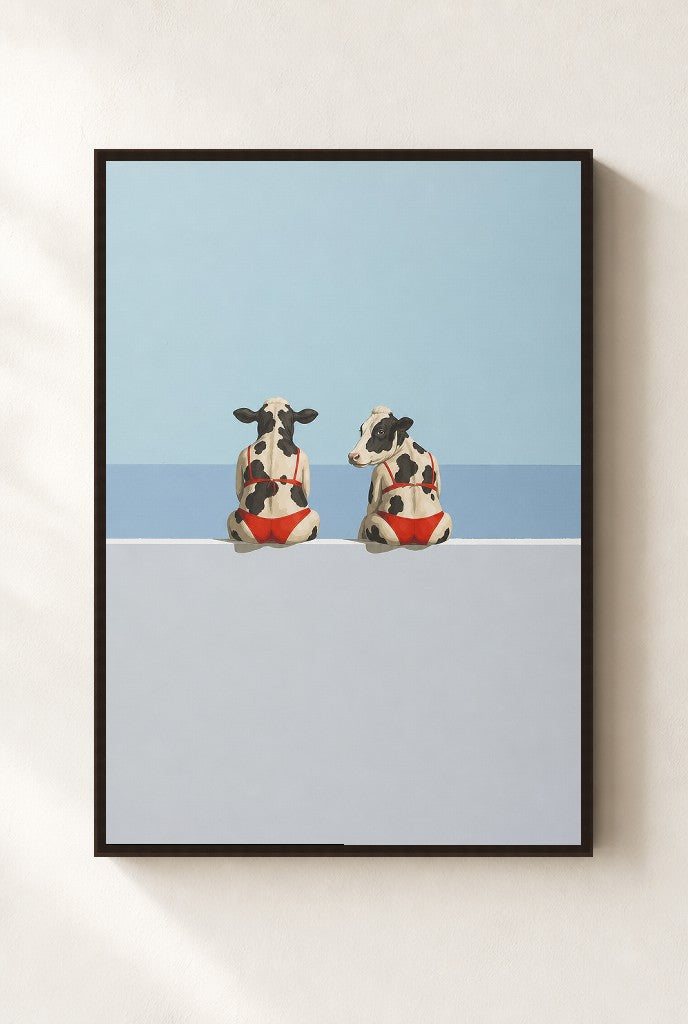 Best Friends in Red print, mounted in a walnut wood frame on a cream wall.