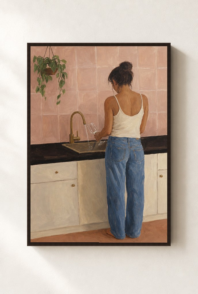 Sink, Pink Tile print, mounted in a walnut wood frame on a cream wall.