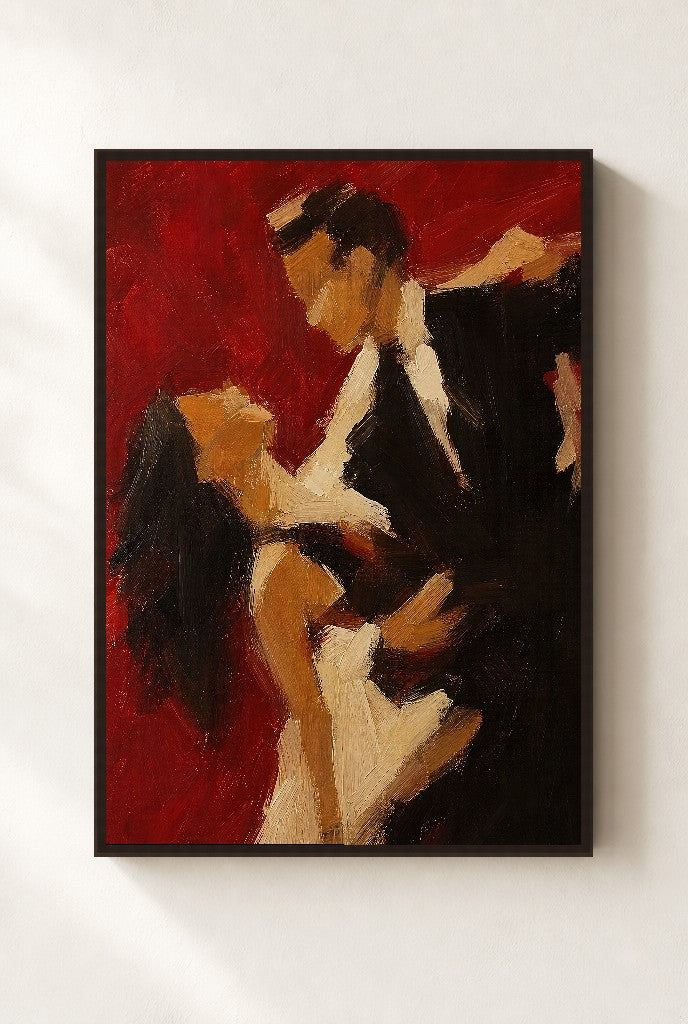 Couple, Red Ground, framed close-up, walnut