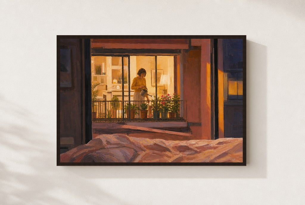 From the Bed, She Waters, framed close-up, walnut