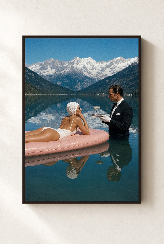 Champagne on the Lake, framed, walnut
