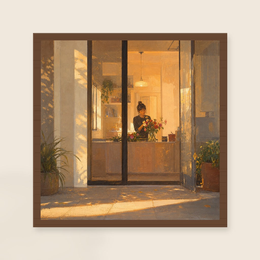 Cut Flowers, Good Light, framed close-up, walnut