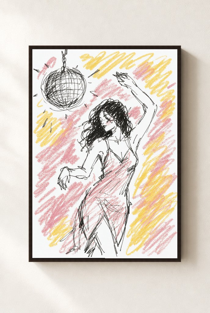 Disco Ball, Crayon print, mounted in a walnut wood frame on a cream wall.