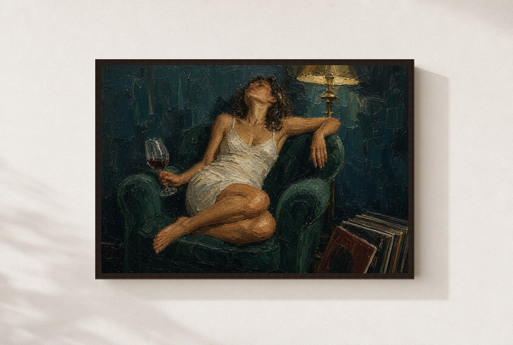 Wine Chair, Lamp print, mounted in a walnut wood frame on a cream wall.