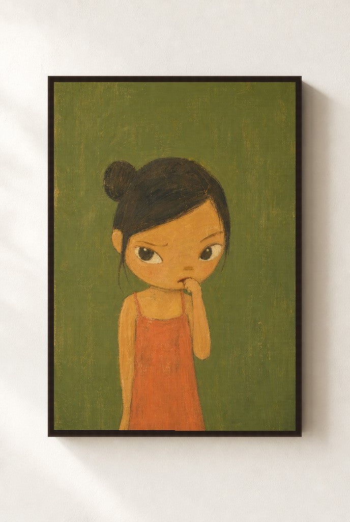 Caught Thinking, framed close-up, walnut