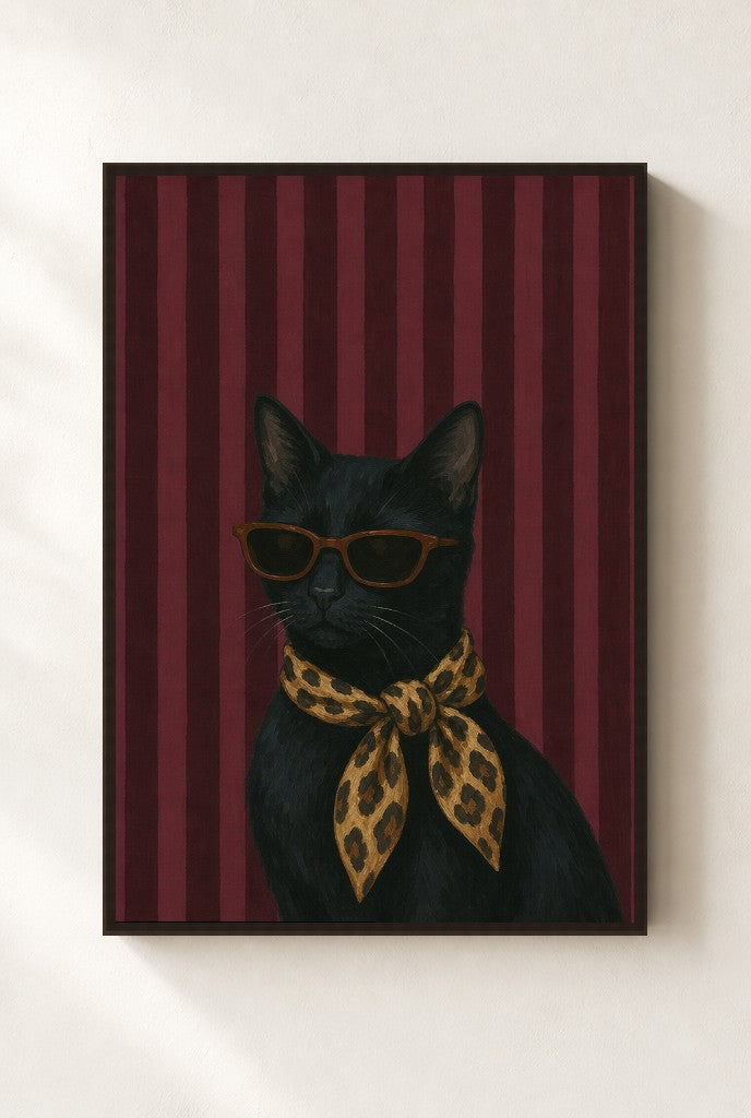 Cat, Leopard Scarf print, mounted in a walnut wood frame on a cream wall.
