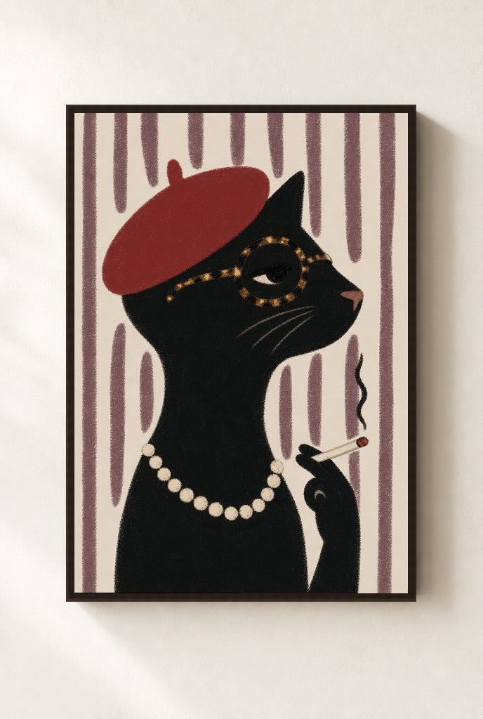 Cat, Red Beret print, mounted in a walnut wood frame on a cream wall.