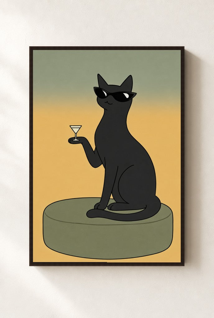 Cat, Martini, Sunglasses print, mounted in a walnut wood frame on a cream wall.
