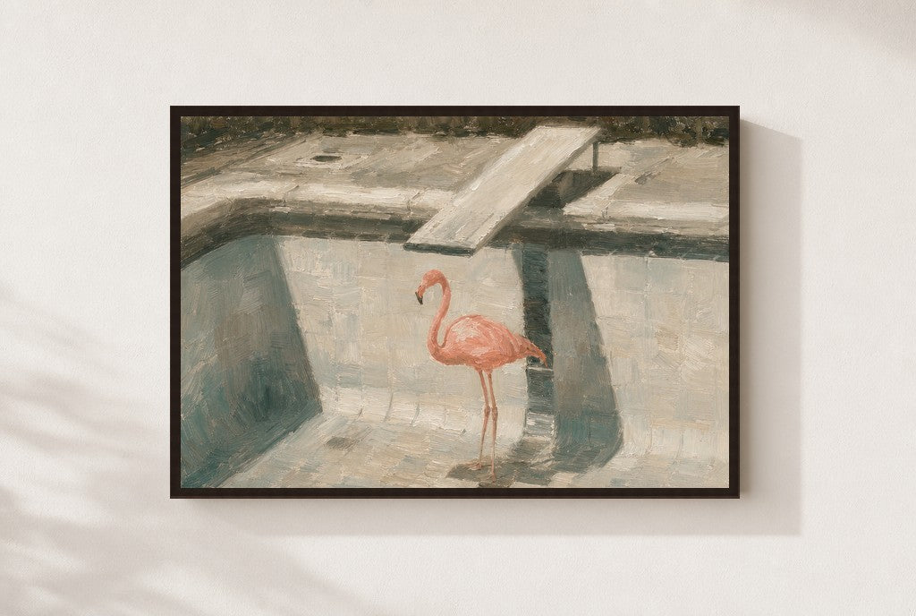 Flamingo, Empty Pool, framed close-up, walnut