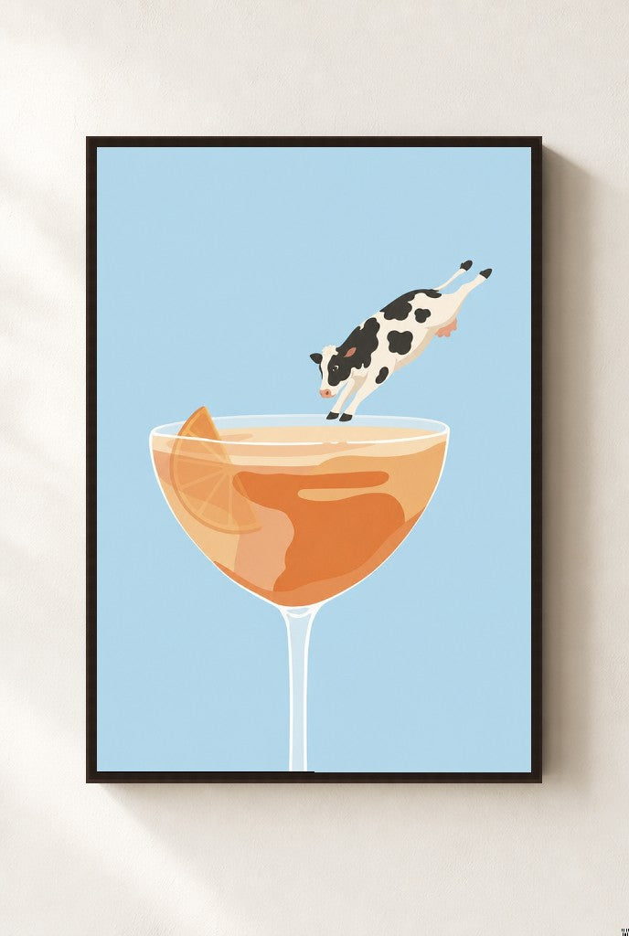 Last Call Belly Flop print, mounted in a walnut wood frame on a cream wall.