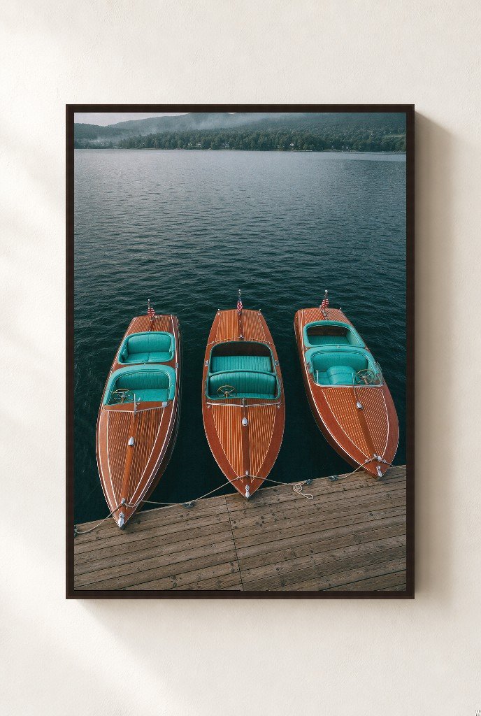 Three at the Dock, framed, walnut