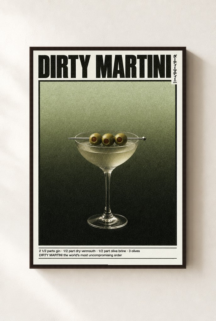 Dirty Martini print, mounted in a walnut wood frame on a cream wall.