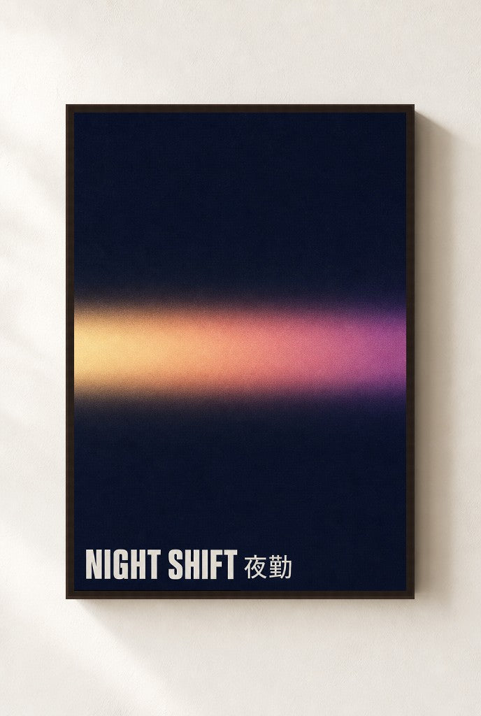 Night Shift print, mounted in a walnut wood frame on a cream wall.